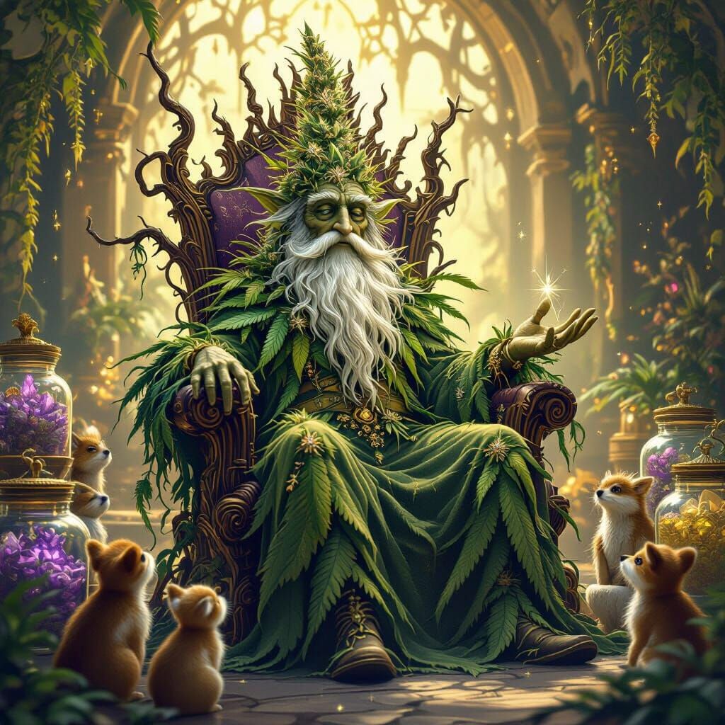Mystical Cannabis Sage in High Fantasy Throne Room