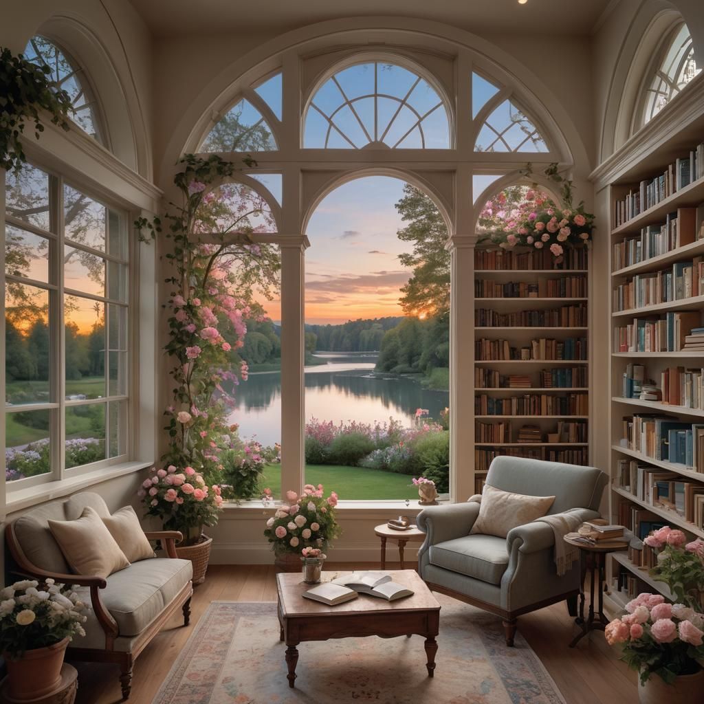 Cozy Library at Dusk, Oil Painting