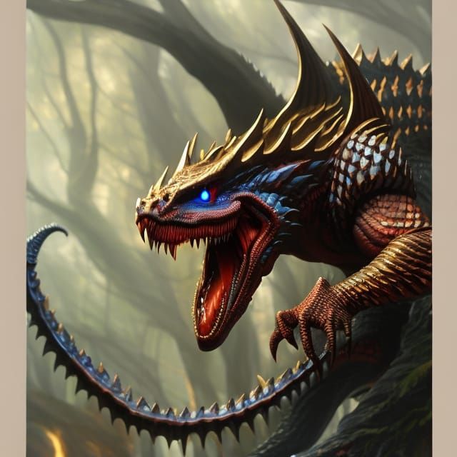 Red-Scaled Reptilian Creature in Forest, as 3D Digital Art