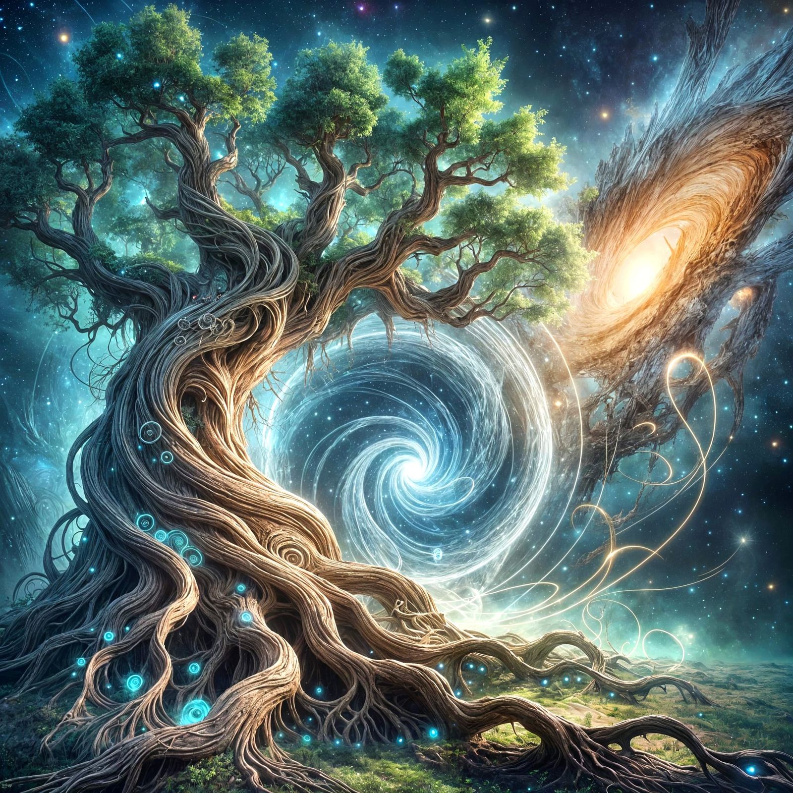 Ancient Tree Portal in Nebula, Art Nouveau Style