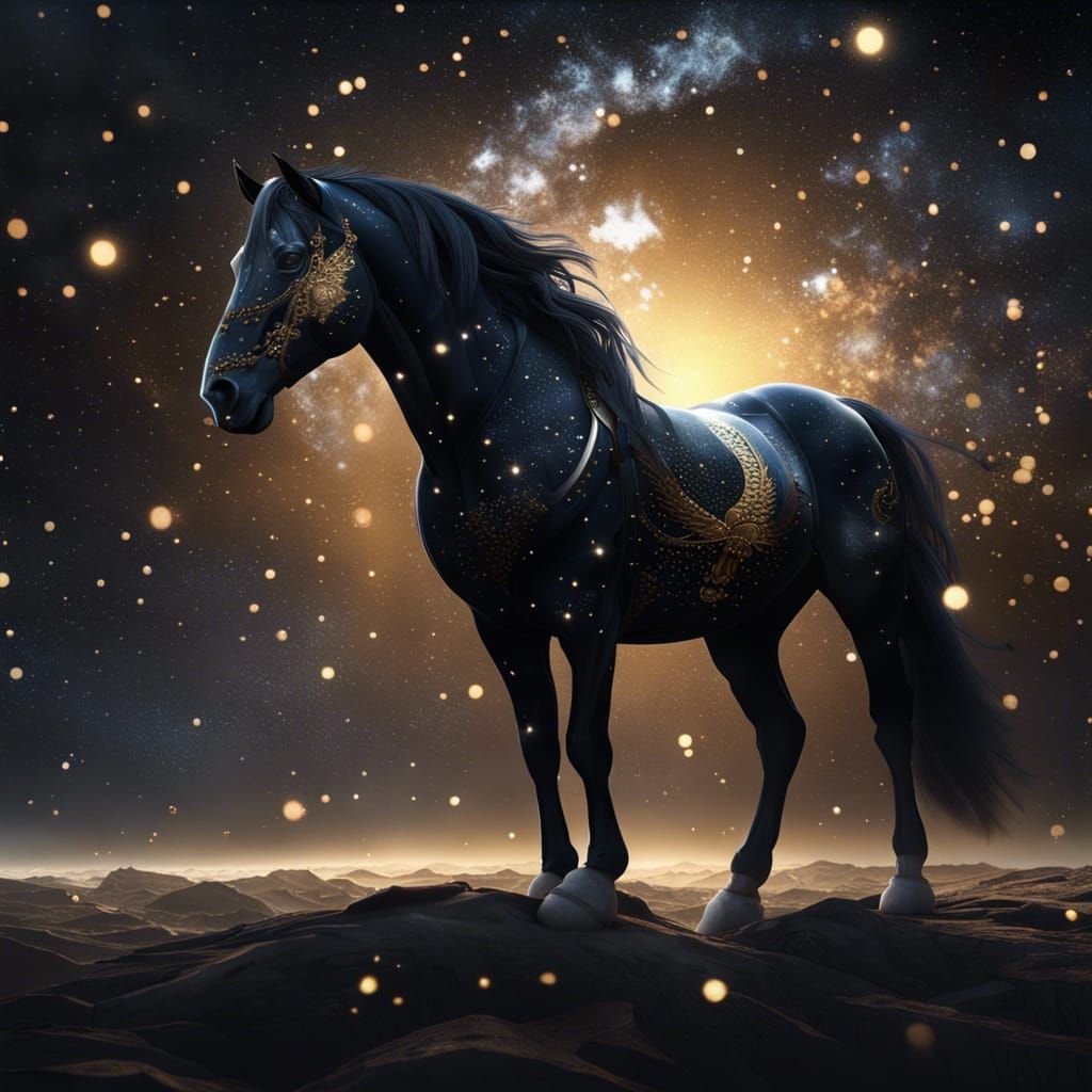 Golden-Inlaid Horse Gazing at Stars, Digital Art