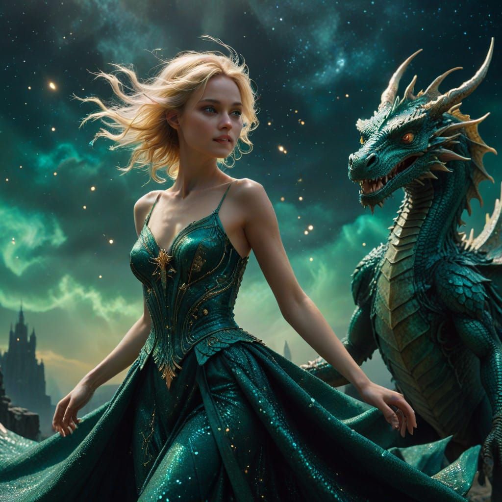 Ethereal Magical Girl Soars on Whitescaled Dragon Under Nigh...