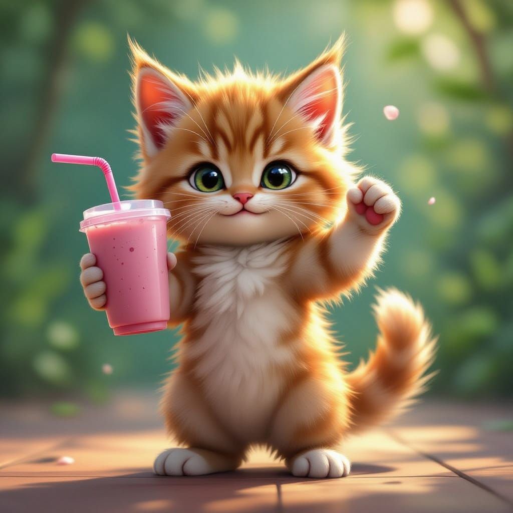 Muscular Kitten Flexes with Protein Shake in Cartoon Style
