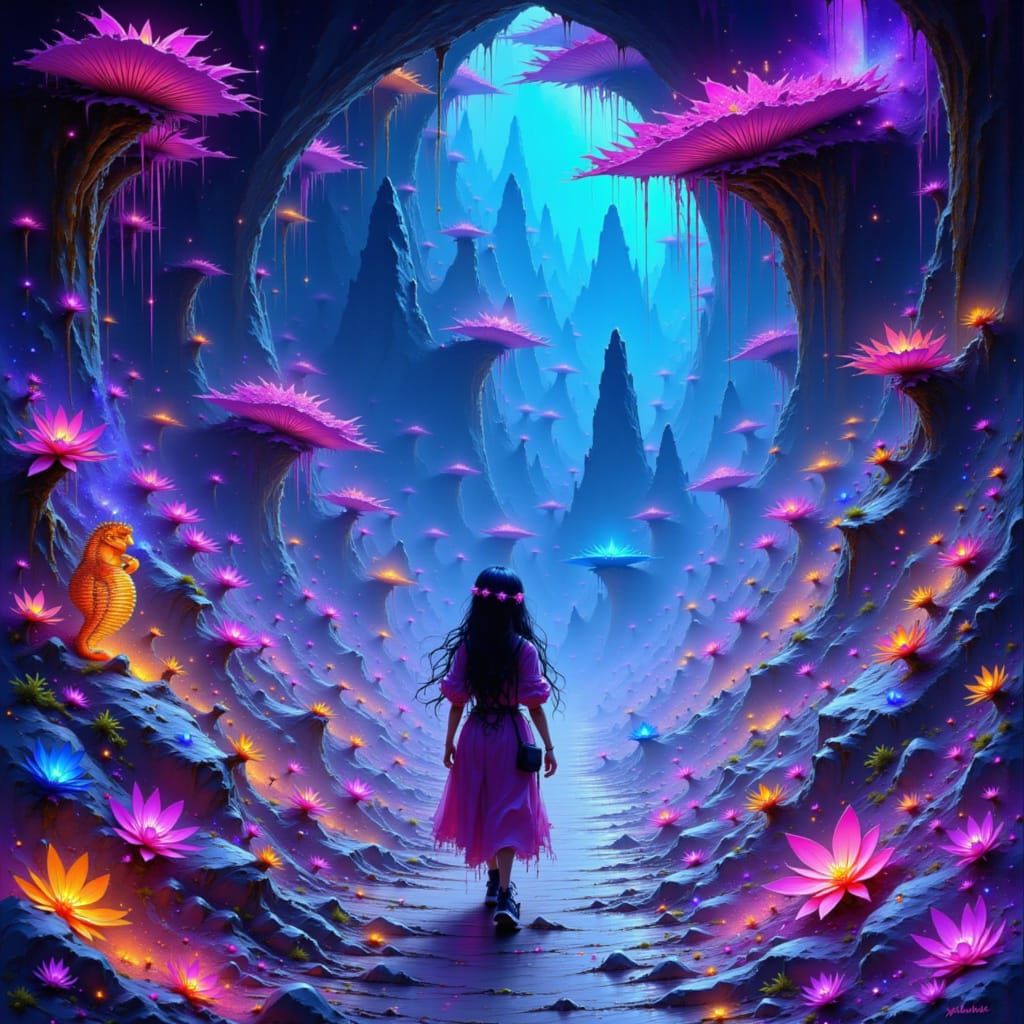 Bioluminescent Crystal Cavern Adventure in Neon Splatter Art