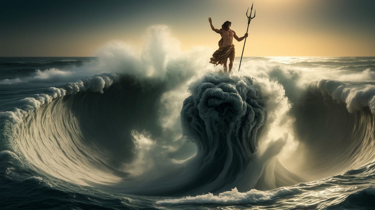 Poseidon Dominates the Churning Seas in a Golden Light