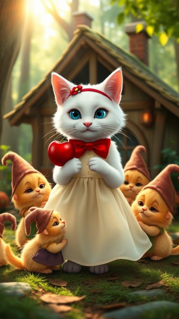 Snow White Cat in Forest, Pixar-Inspired