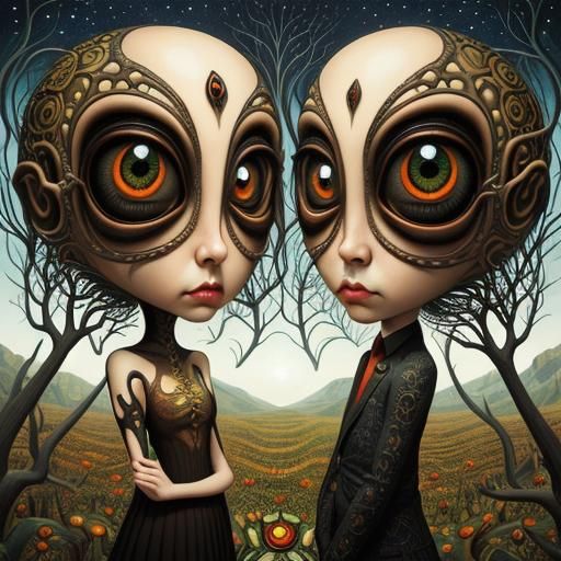Surreal Figures with Fractal Eyes in Pop Surrealism
