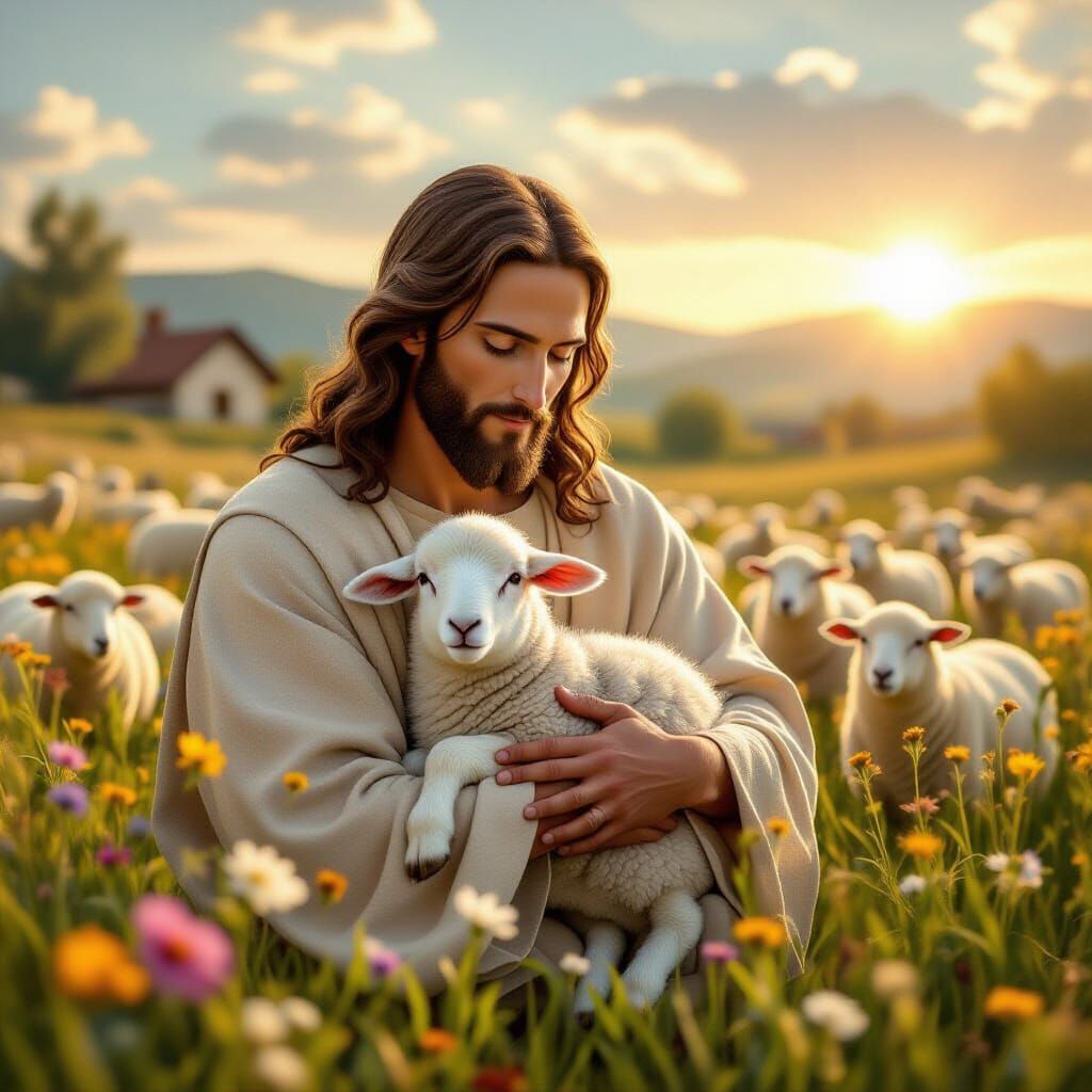 Jesus Tends His Flock: A Serene Religious Art Scene