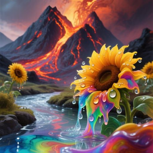 Vibrant Fluid Sunflowers Dripping Over Transparent River in ...