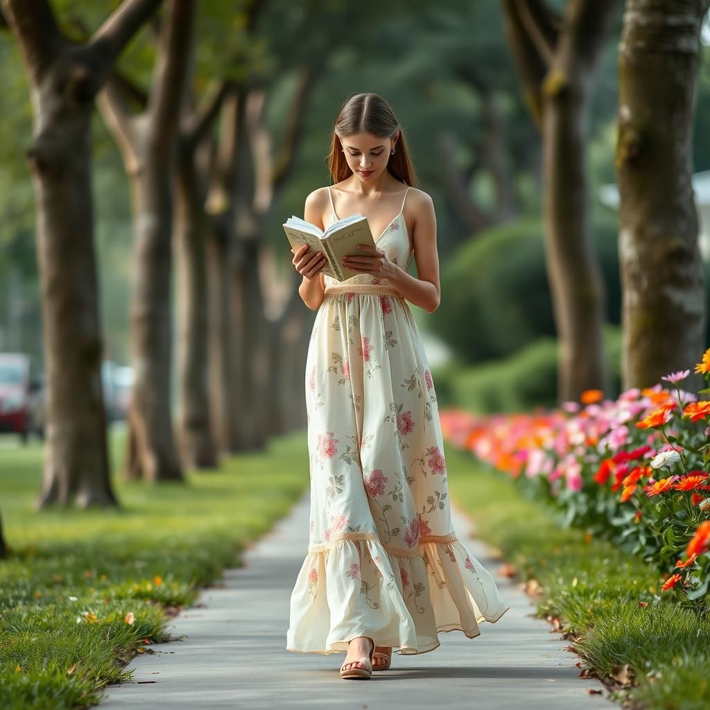 Woman Reading in Floral Dress: Dreamlike Digital Art