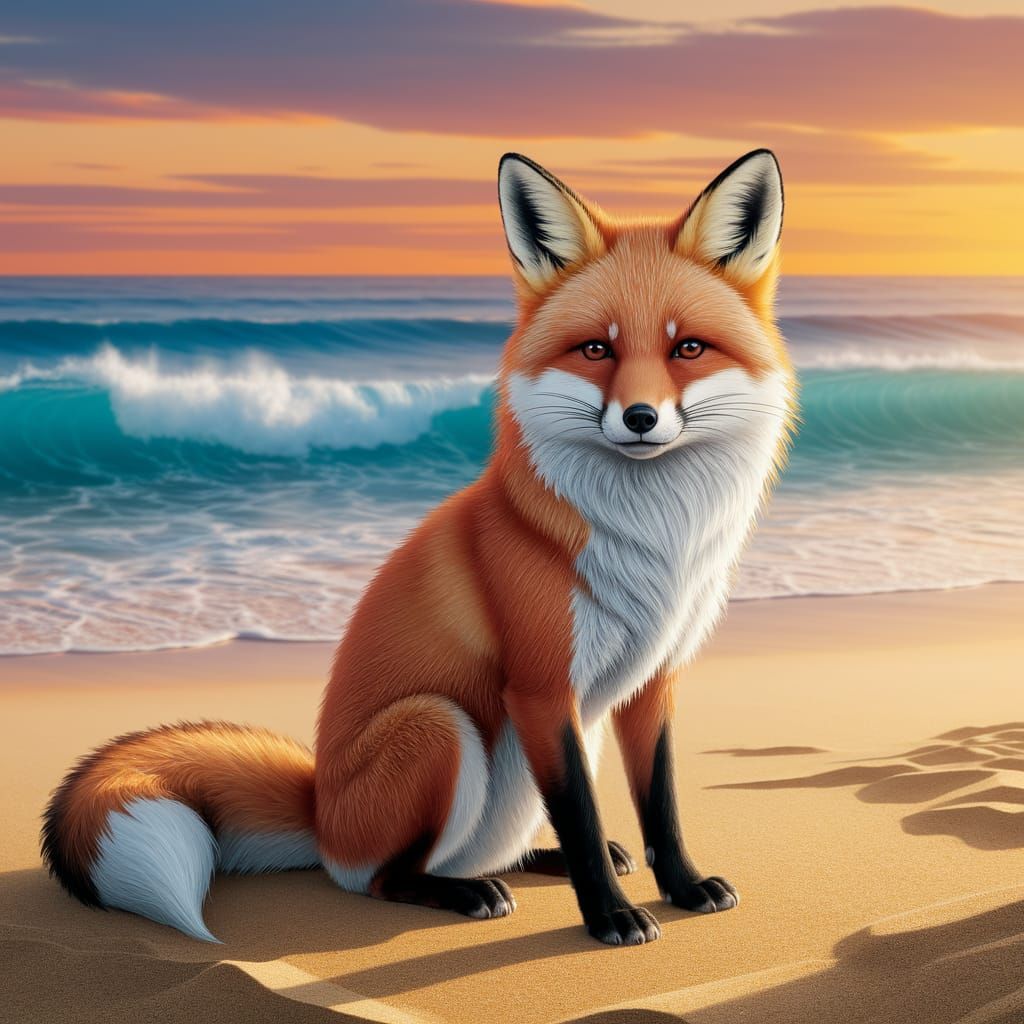 Serene Fox on Golden Beach at Sunset
