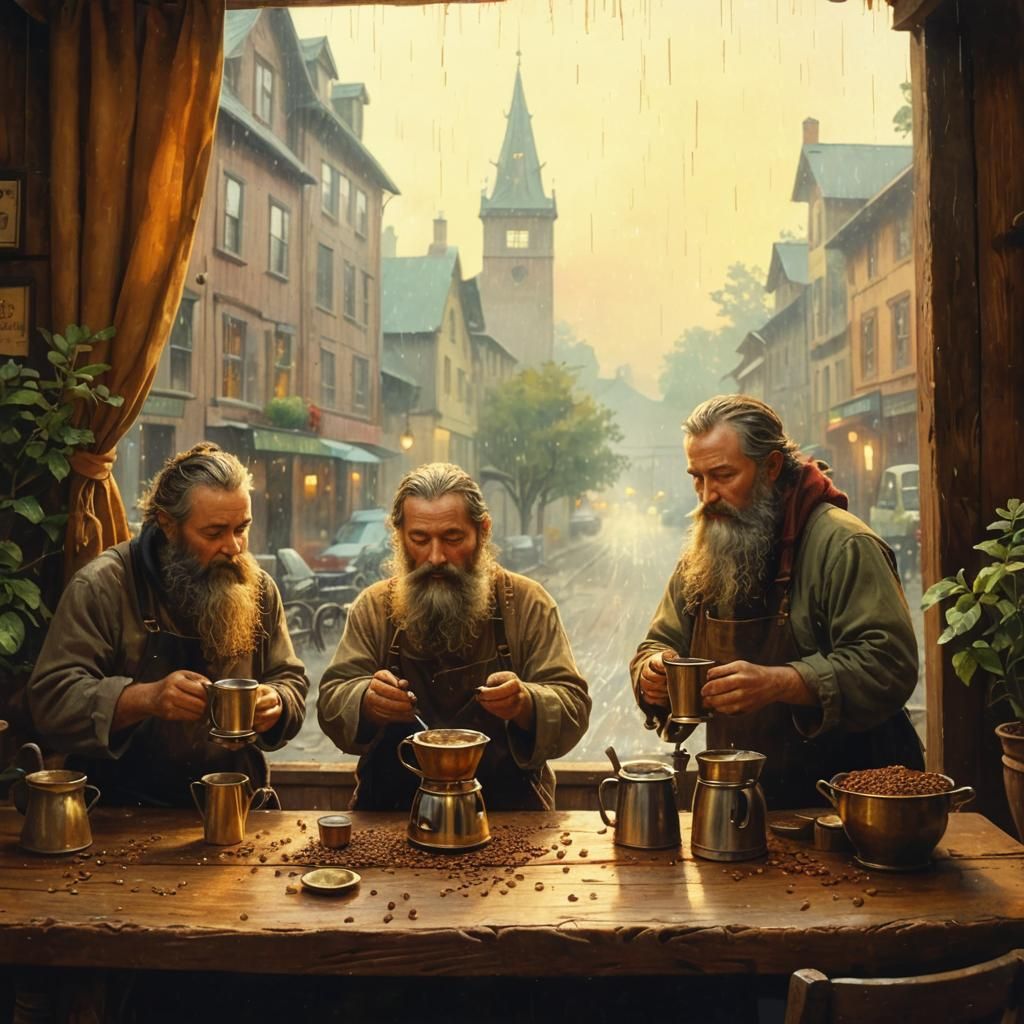 Whimsical Folk Art Coffee Brewing Scene