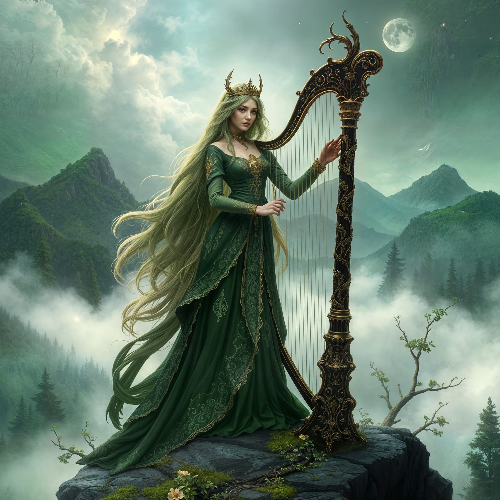 Lady of the Green Forest with Harp
