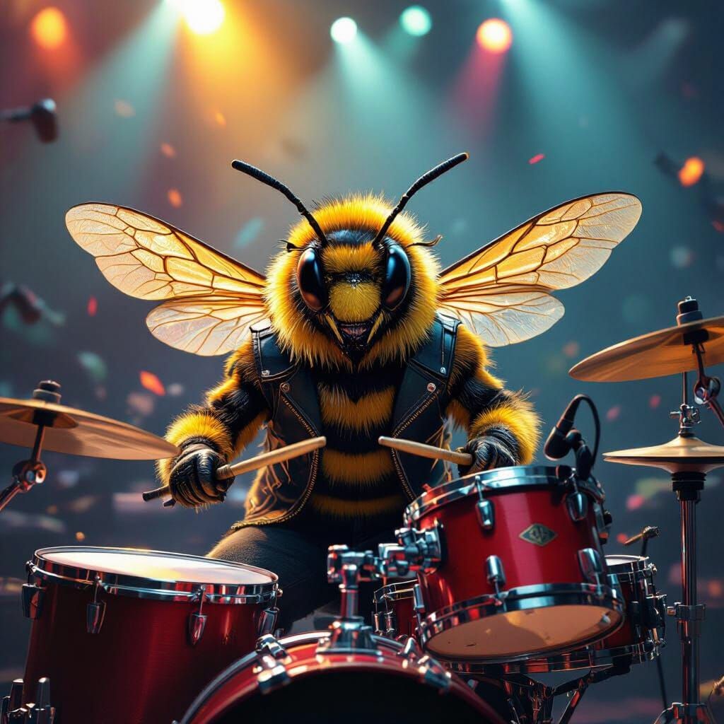 Hyperrealistic Bee Drummer on Chaotic Stage