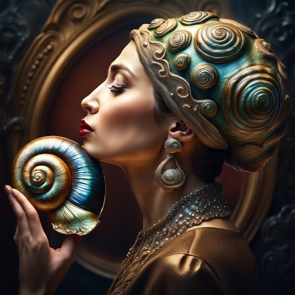 Woman Kisses Ornate Snail in Photorealistic Detail