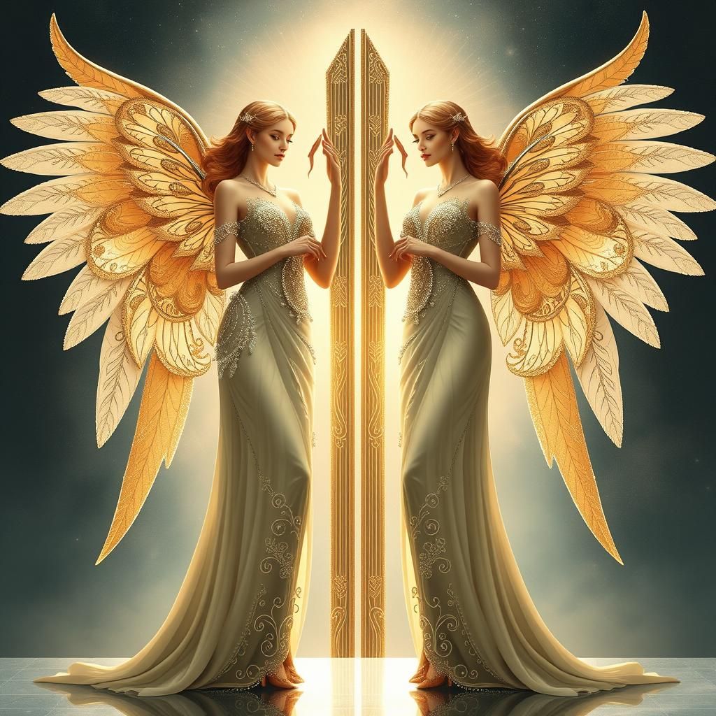 two beautiful female guardian angels guarding the gates to i...