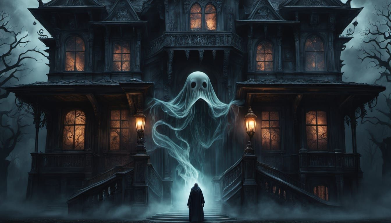 Ethereal Ghost Confronts a Haunted Mansion in Dark Fantasy