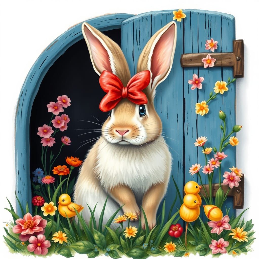 Elegant Rabbit Standing on a Vintage Door, Surrounded by Whi...