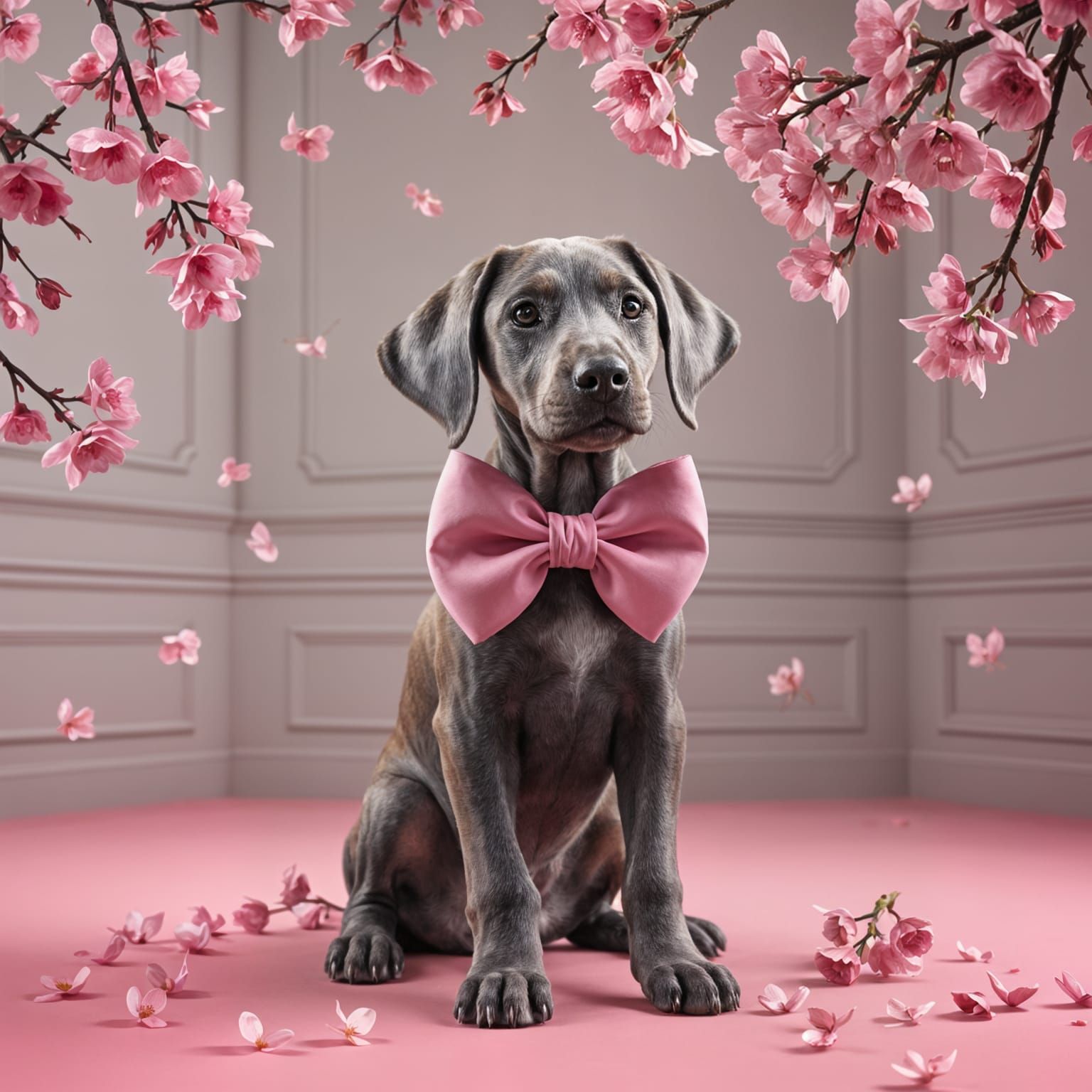 Weimaraner Puppy in Pink Blossom Shower