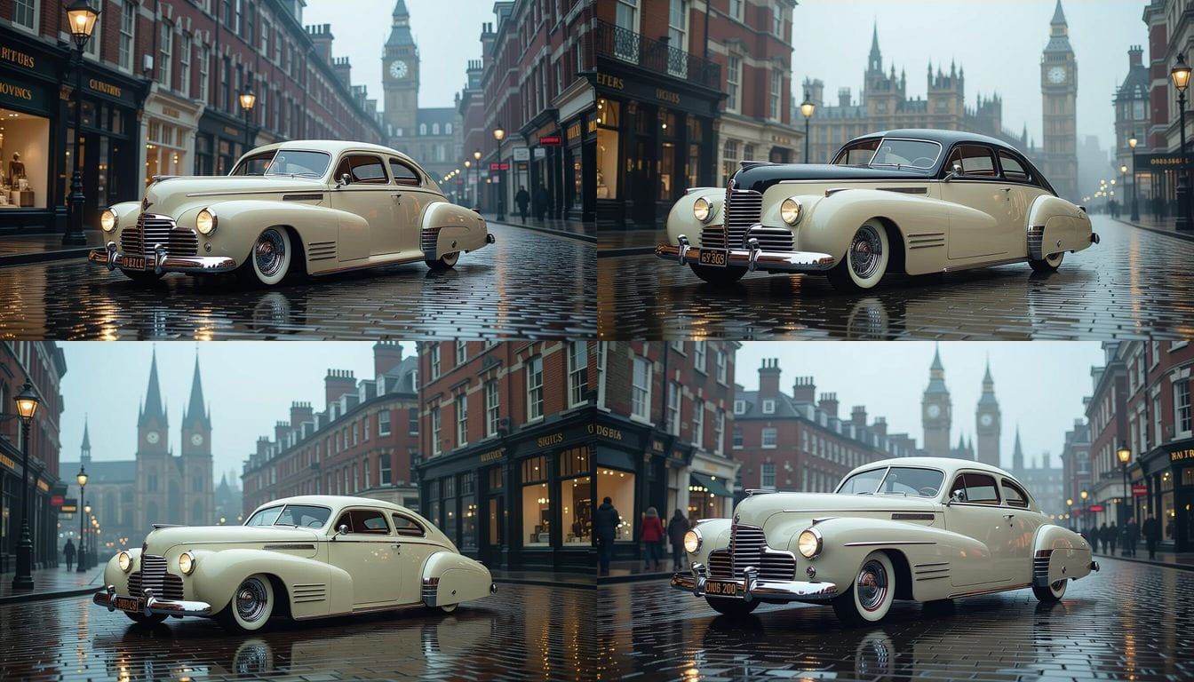 1940s Aerodynamic Sedan in Victorian Cityscape