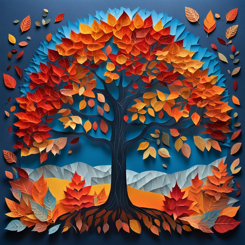 Autumnal Collage of Hand-Cut Paper Leaves