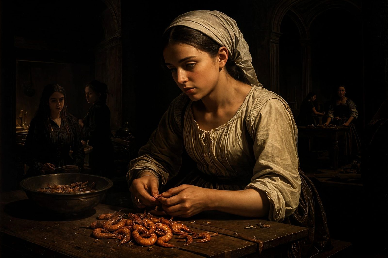 Peasant Woman Peeling Shrimp, Baroque Oil Painting