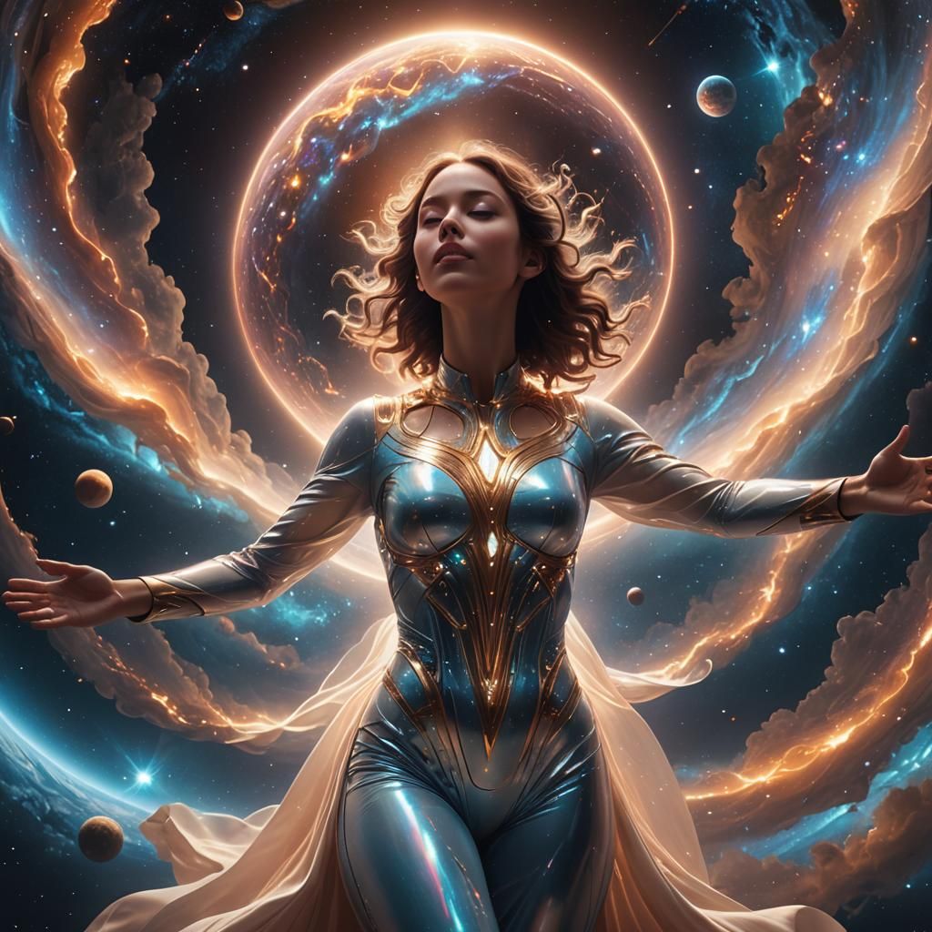 Woman's Soul Connects with Divine Energy in Space
