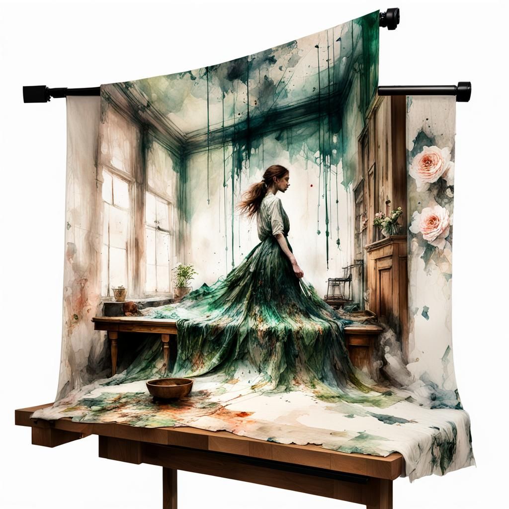 Watercolor Double Exposure Room with Tapestry