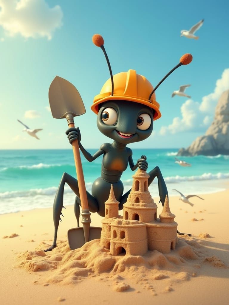 Ant Builds Sandcastle with Whimsical Cartoon Details