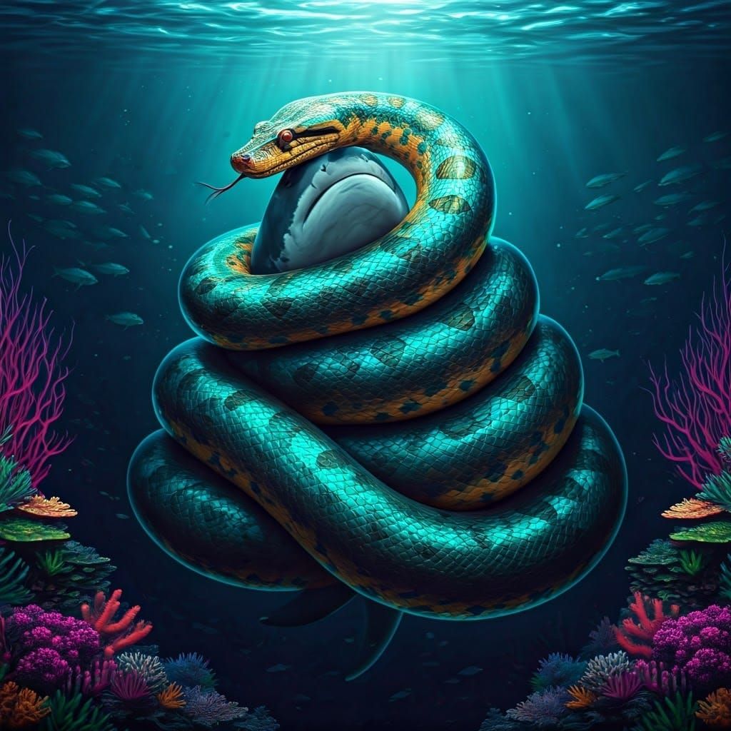 Anaconda Constricting Shark in Fluorescent Deep Sea