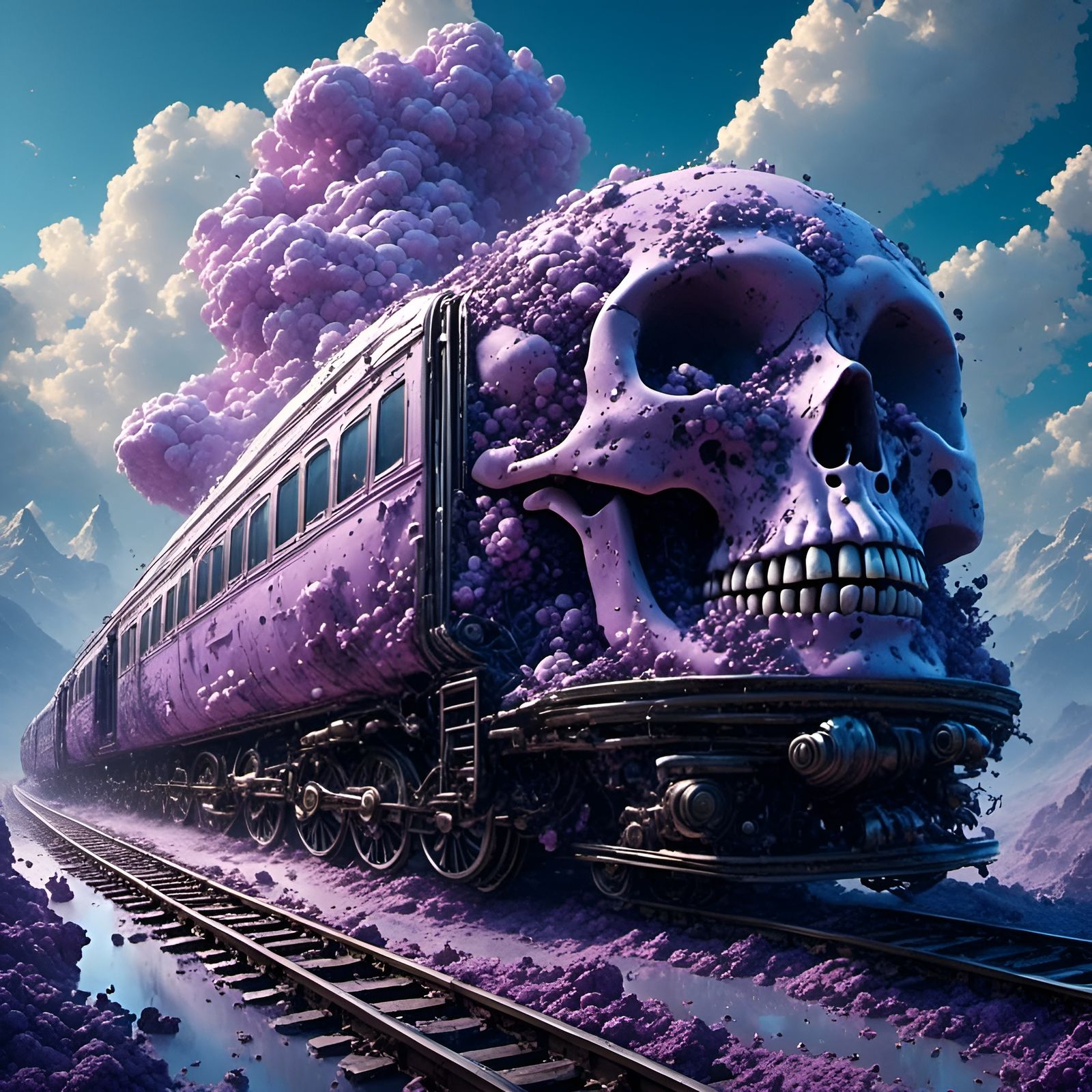 Skull Train Emerging from Underground Cityscape