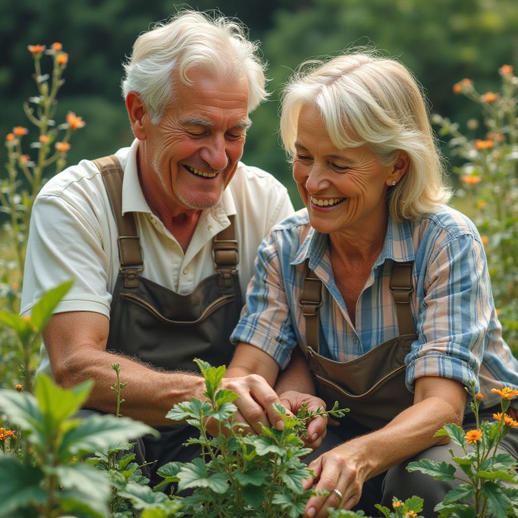 Hyperrealistic Image of Elderly Couple Gardening