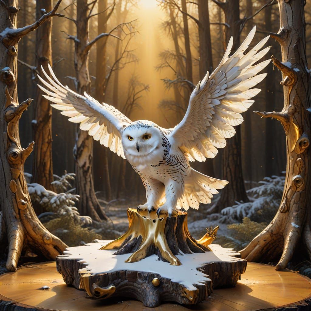 Gold Snowy Owl Sculpture Ready for Flight