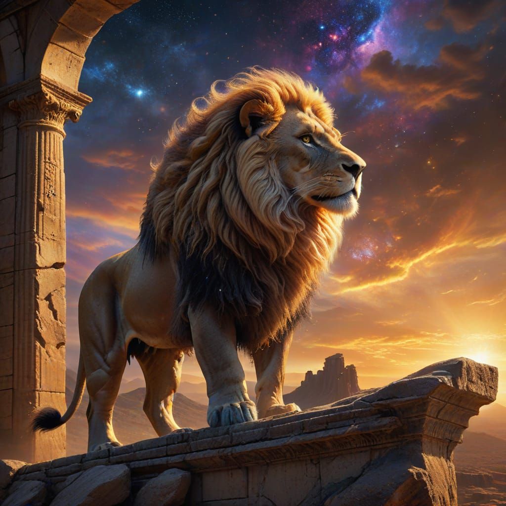Majestic Lion on Ancient Ruin Under Binary Sunset