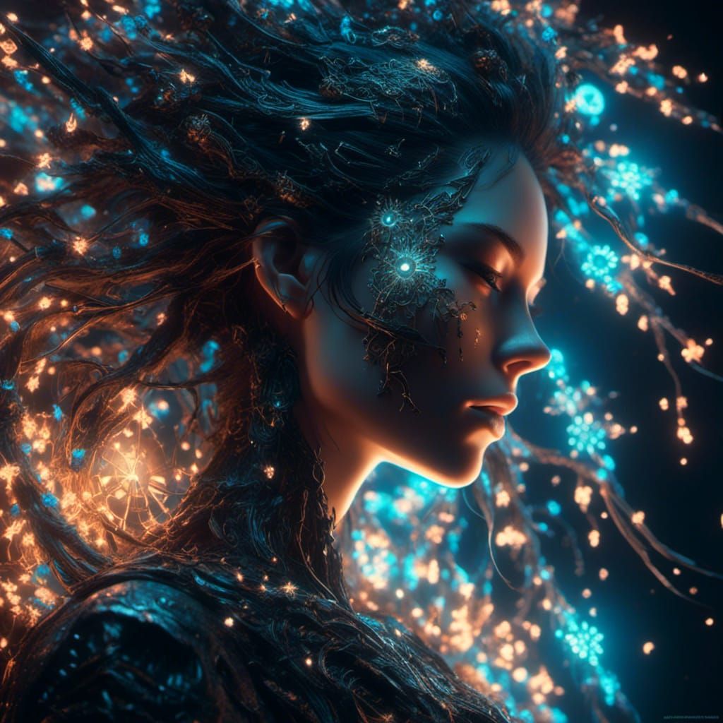Bioluminescent Woman with Glowing Runes and Flowers