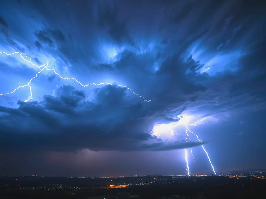 Dramatic Thunderstorm Over Cityscape: Wide-Angle Night Photo...