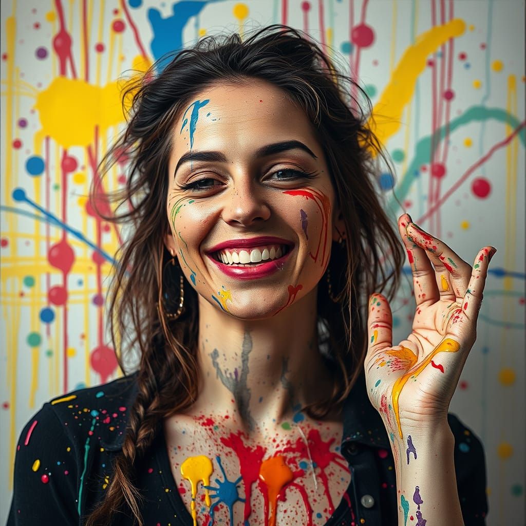 Woman Splattered in Whimsical Hyperrealist Art