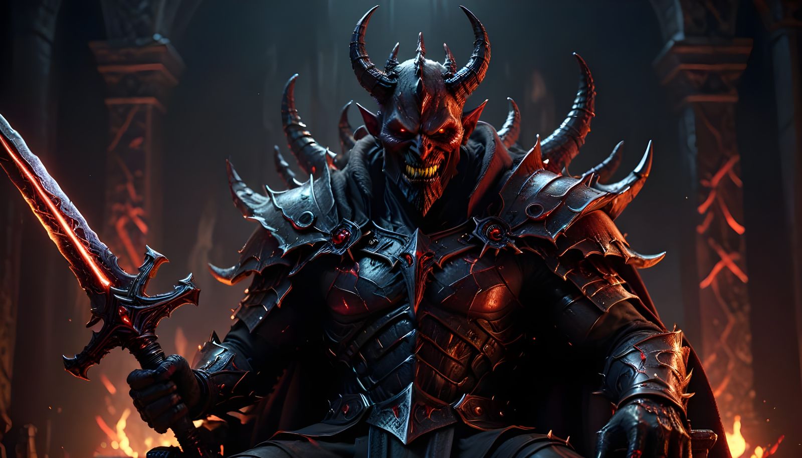 Epic Dark Lord with Glittering Red Eyes and Broad Sword