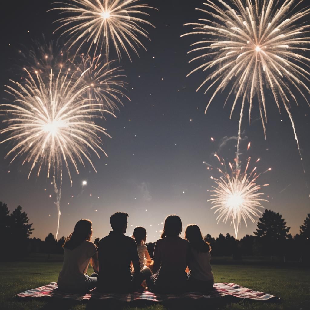 Family Silhouettes Watching Fireworks at Night