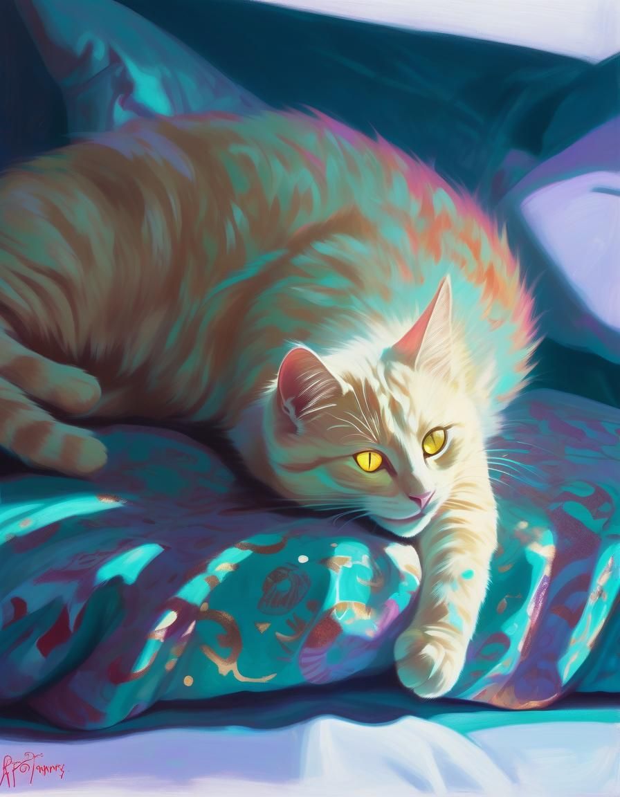 Blonde Cat with Gold Eyes on Turquoise Bedding