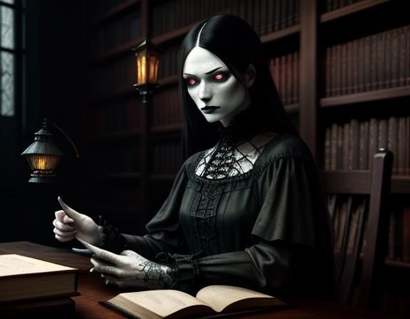 Gothic Woman in Library: Digital Art