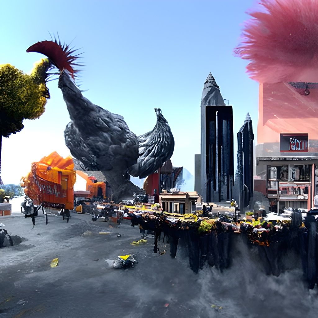 Giant Chickens Destroying City in Matte Painting