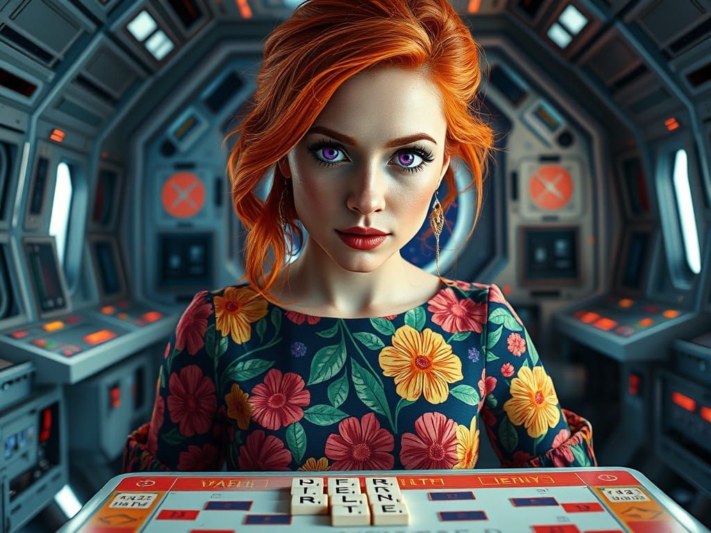 Futuristic Woman Concentrates on Scrabble in Vibrant Floral ...