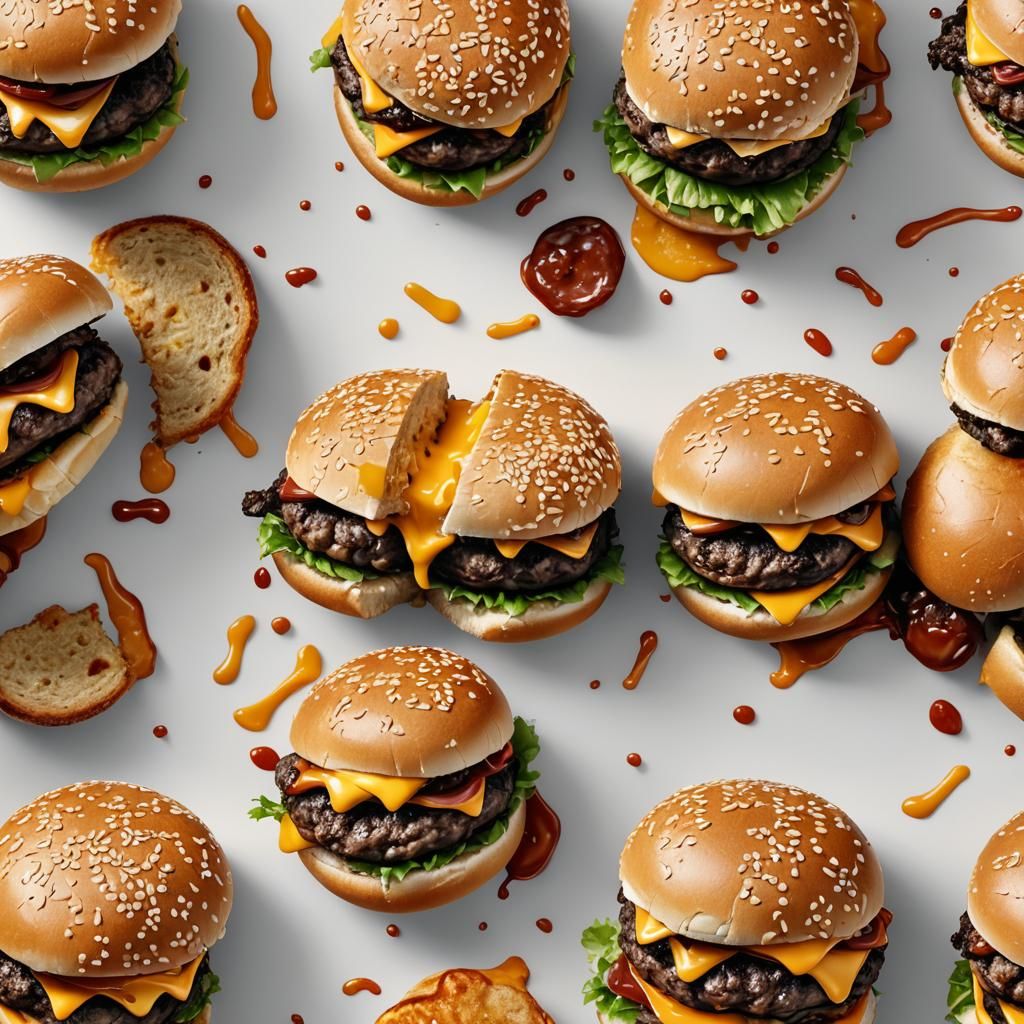 Three Juicy Smash Burgers on White Background in Hyper-Reali...