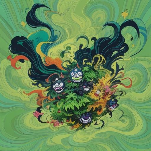 Vibrant Anime Scene with Cartoon Characters and Marijuana