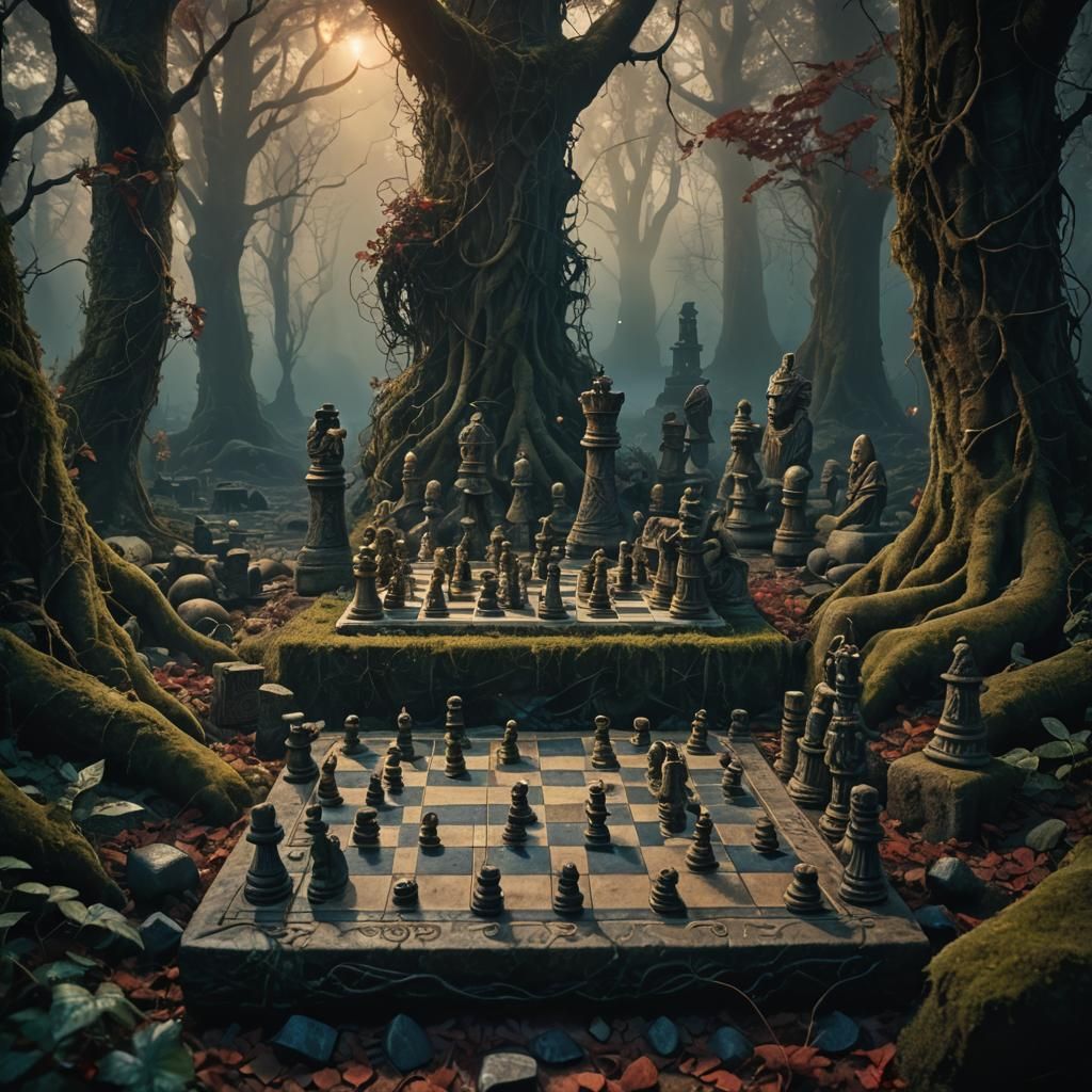 Mystical Forest Chessboard in Dark Fantasy Style