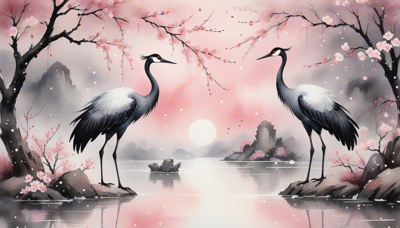 Dreamy Chinese Painting of Cranes by Lake Shore