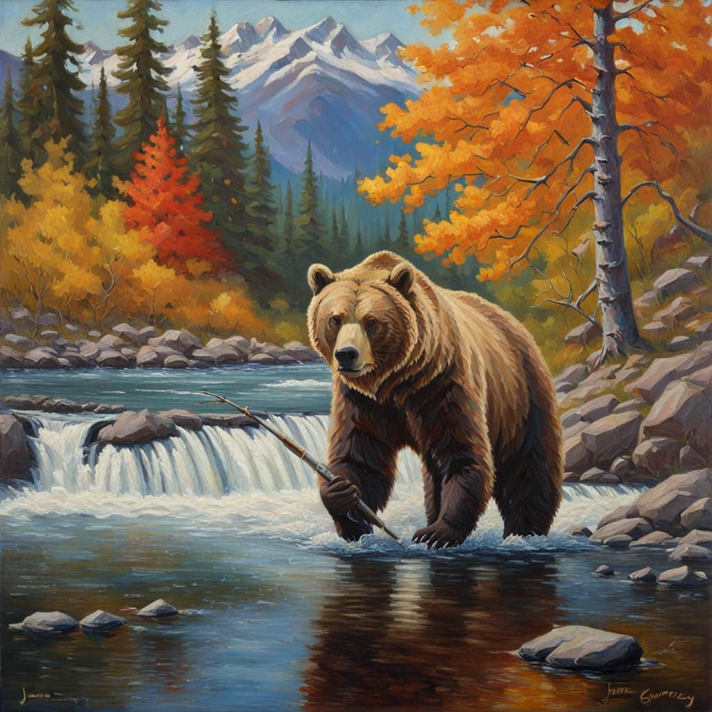 Grizzly Bear Salmon Fishing: Oil Painting by Gurney
