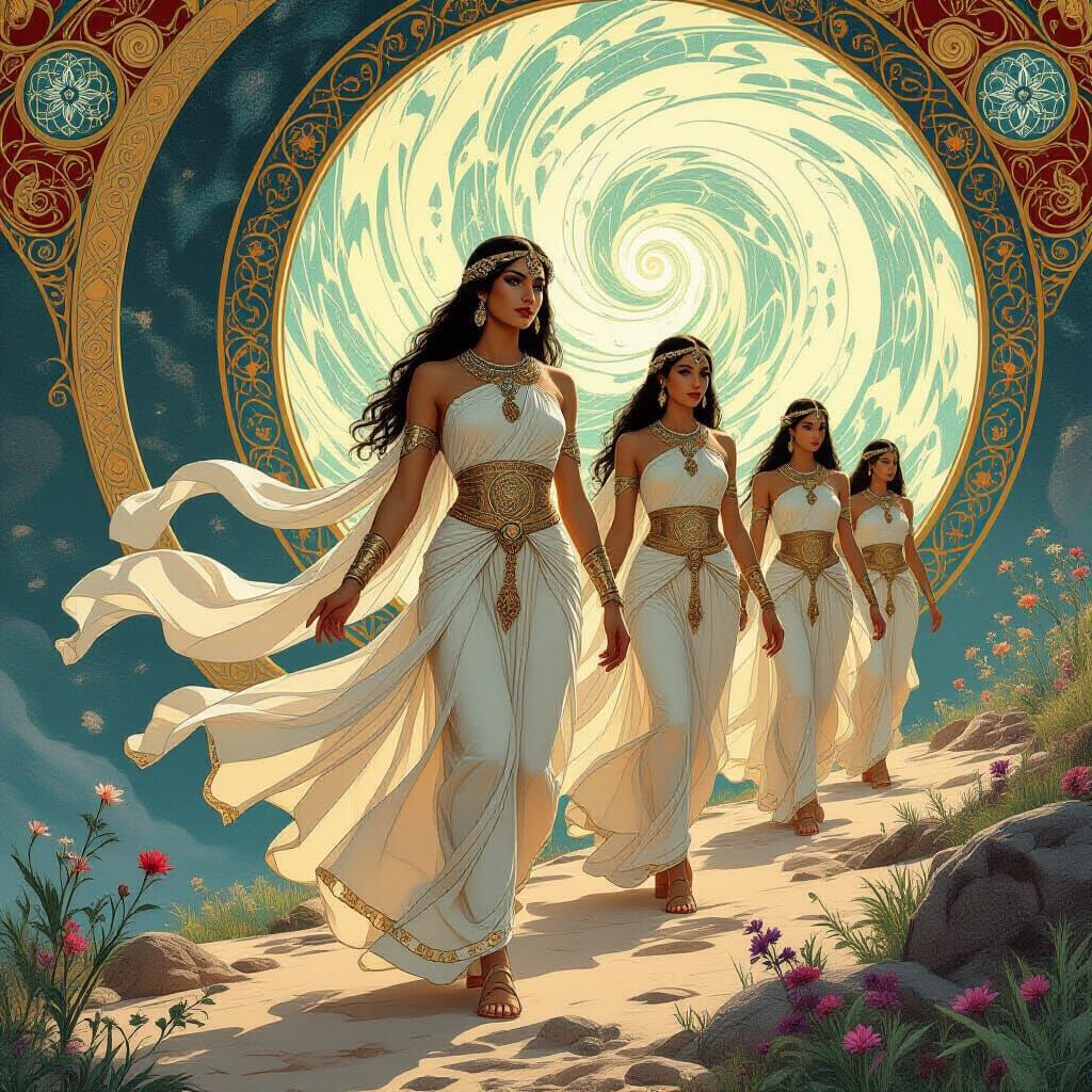 Anunnaki Celestial Beings Descend in Art Nouveau Style