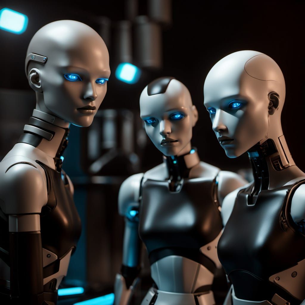 Cyberpunk Androids on Lab Bench in Neon Noir